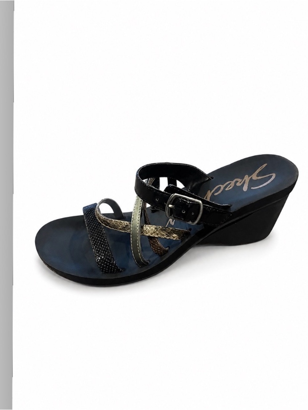 Skechers Black Wedge Sandal with Metallic Accents SZ 8 open toe strappy